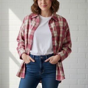 FANTASLOOK Plaid Flannel Shirt, Women’s XL, Pink White